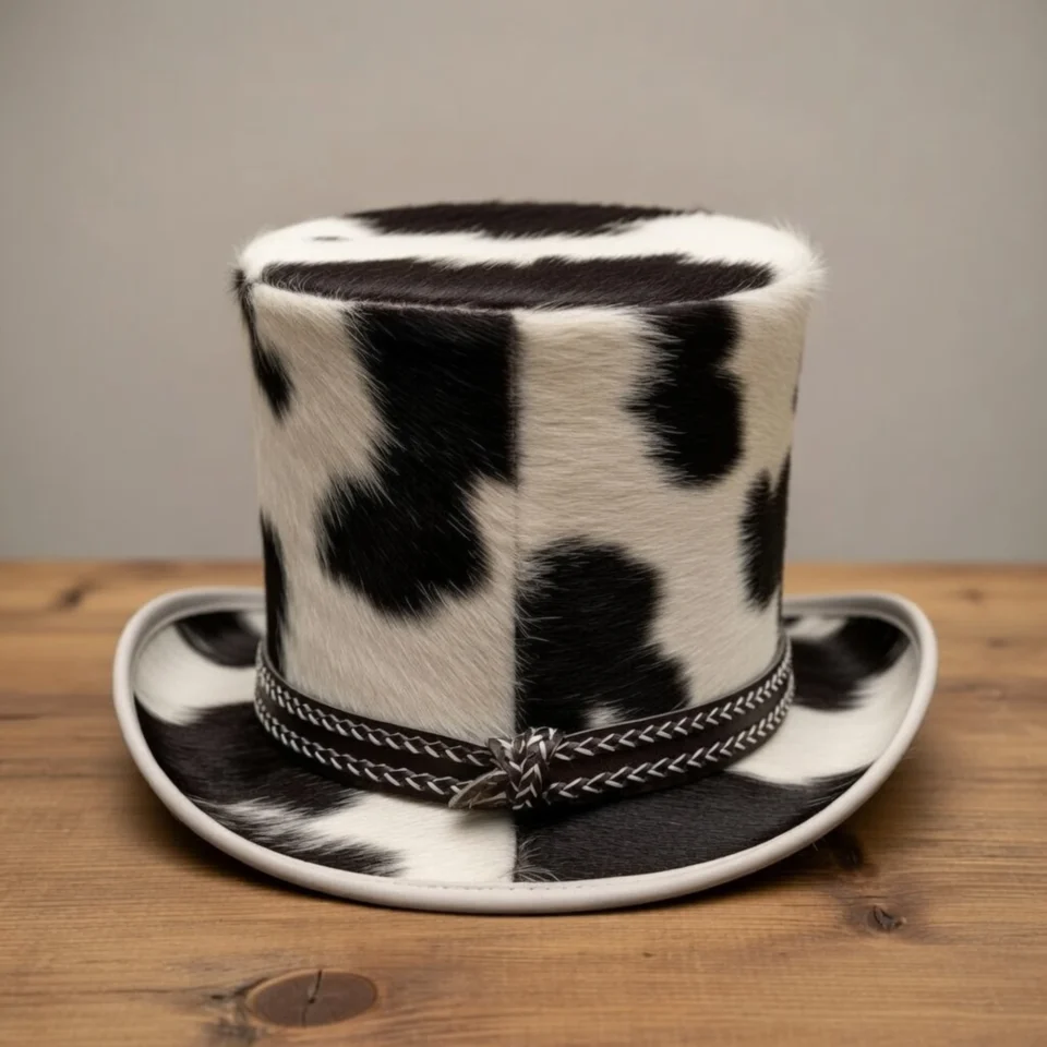 Black Handmade Leather Gothic Top Hat Style 055 side view - black gothic top hat with structured crown