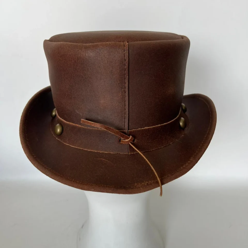 Black Handmade Leather Gothic Top Hat Style 082 gallery view 05 - black gothic top hat with structured crown