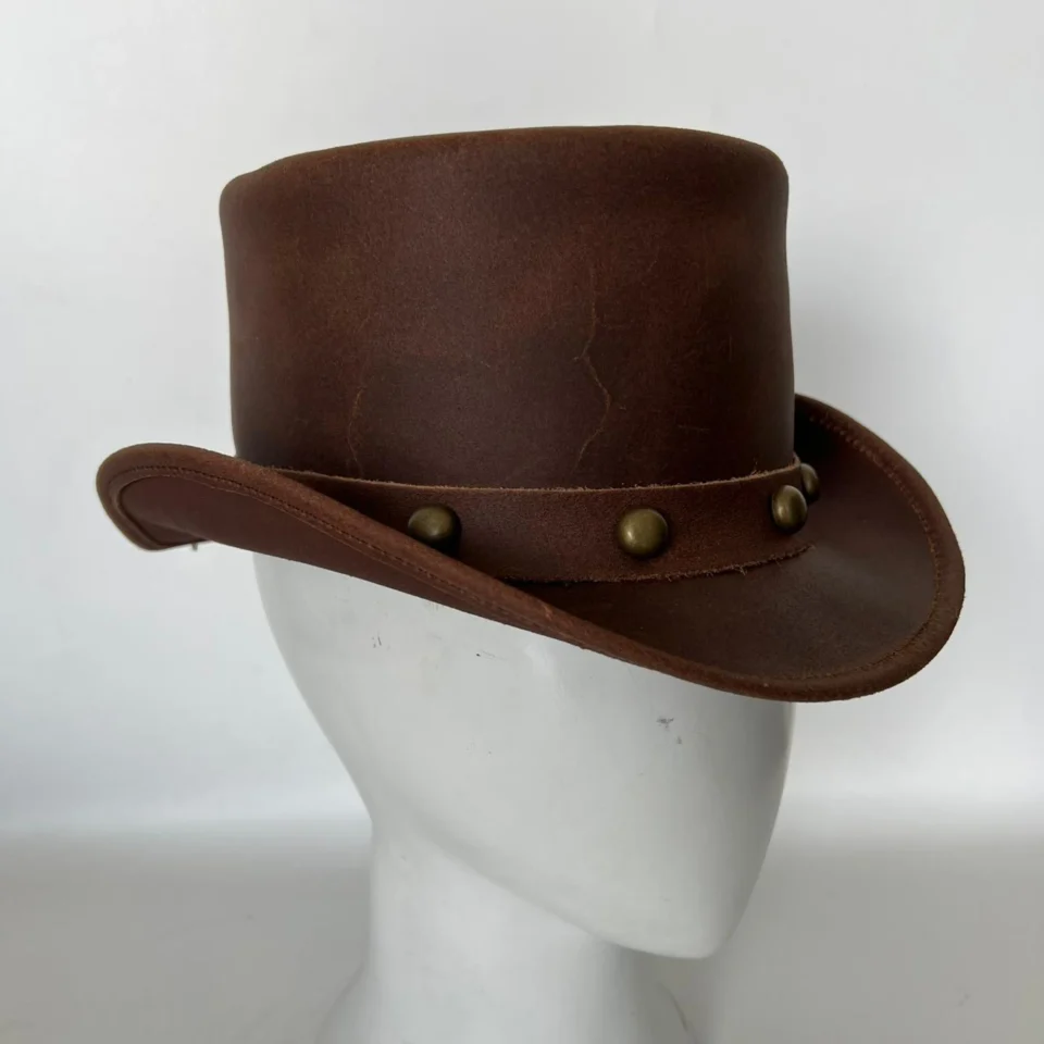 Black Handmade Leather Gothic Top Hat Style 082 gallery view 06 - black gothic top hat with structured crown