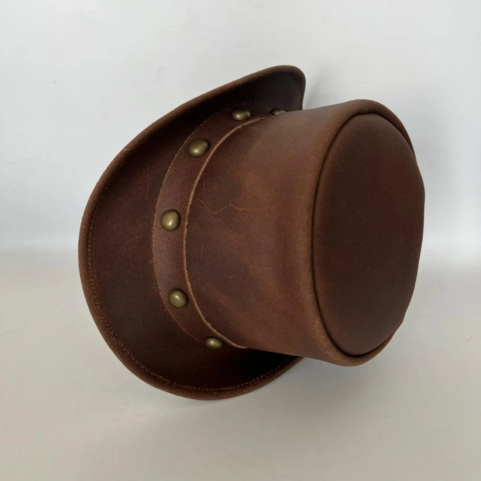 Black Handmade Leather Gothic Top Hat Style 082 gallery view 07 - black gothic top hat with structured crown