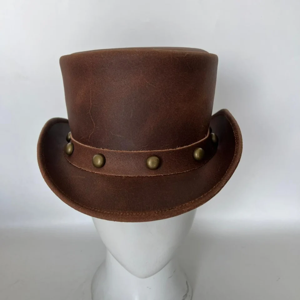Black Handmade Leather Gothic Top Hat Style 082 gallery view 08 - black gothic top hat with structured crown