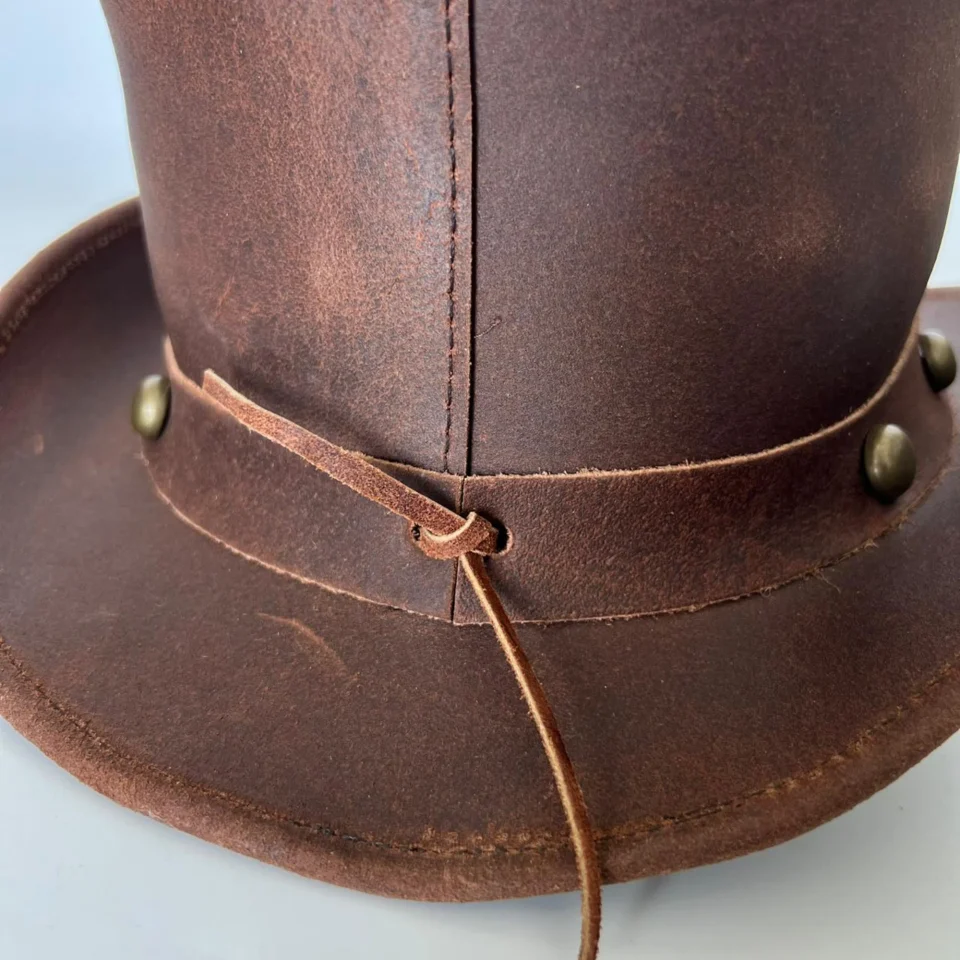 Black Handmade Leather Gothic Top Hat Style 082 side view - black gothic top hat with structured crown