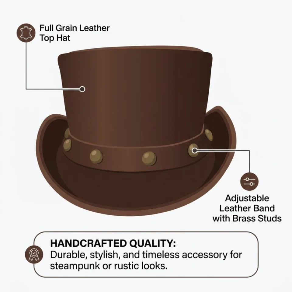 Black Handmade Leather Gothic Top Hat Style 082 three quarter view - black gothic top hat with structured crown