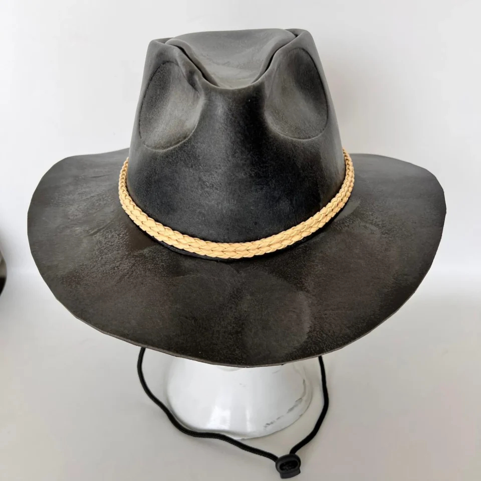 Black Handmade Leather Gothic Top Hat Style 088 back view - black gothic top hat with structured crown