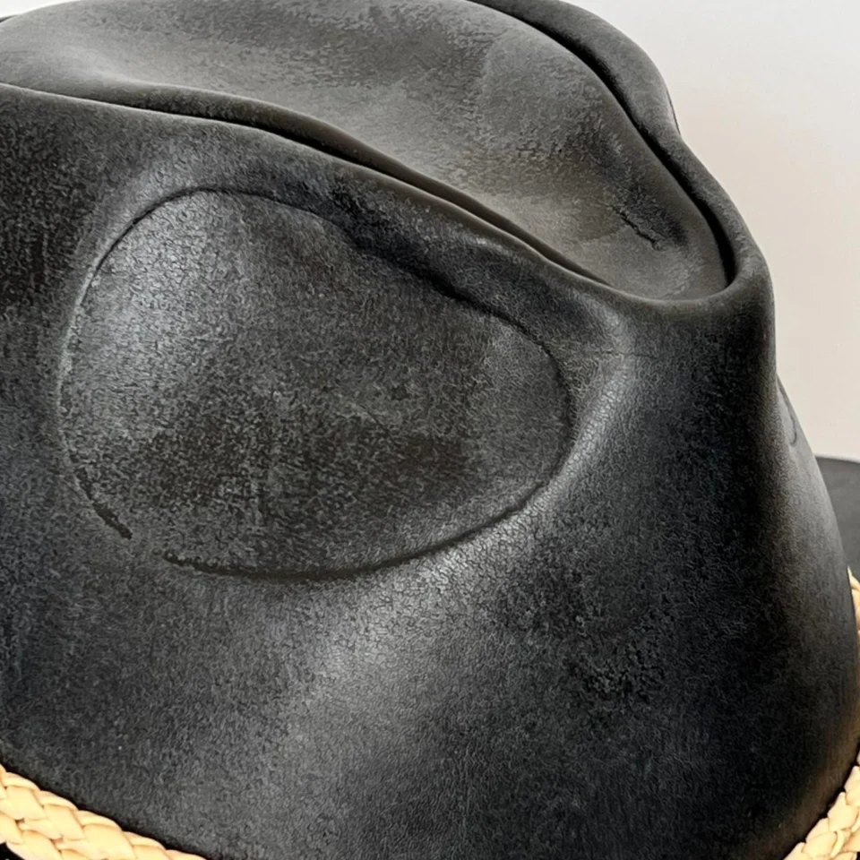 Black Handmade Leather Gothic Top Hat Style 088 detail view - black gothic top hat with structured crown