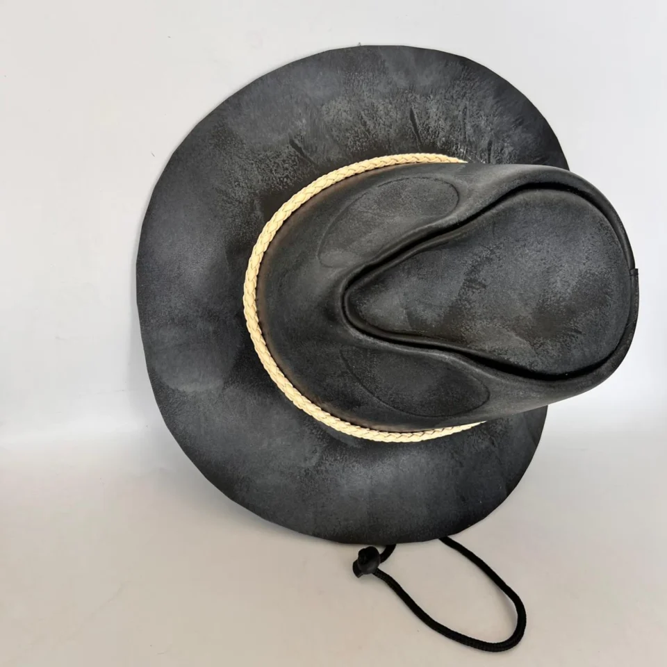 Black Handmade Leather Gothic Top Hat Style 088 gallery view 05 - black gothic top hat with structured crown