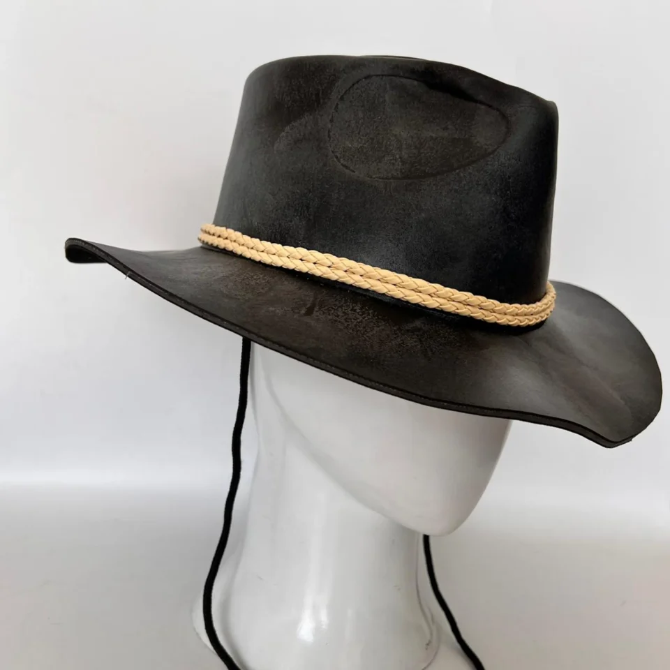 Black Handmade Leather Gothic Top Hat Style 088 gallery view 08 - black gothic top hat with structured crown