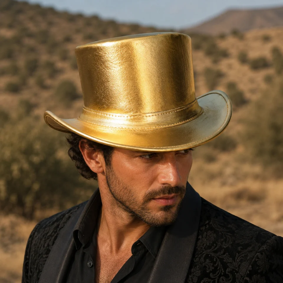 Black Handmade Leather Gothic Top Hat Style 094 front view - black gothic top hat with structured crown