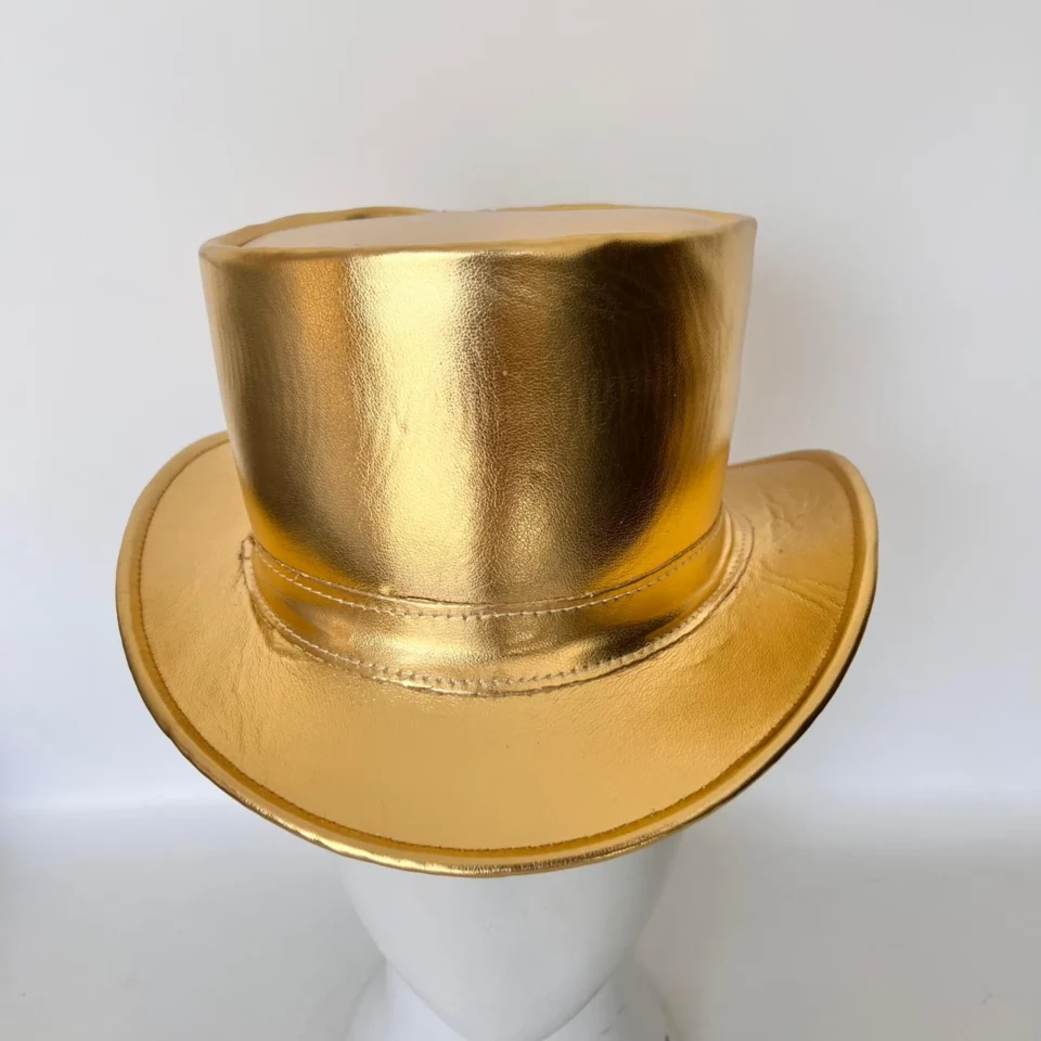 Black Handmade Leather Gothic Top Hat Style 094 gallery view 05 - black gothic top hat with structured crown
