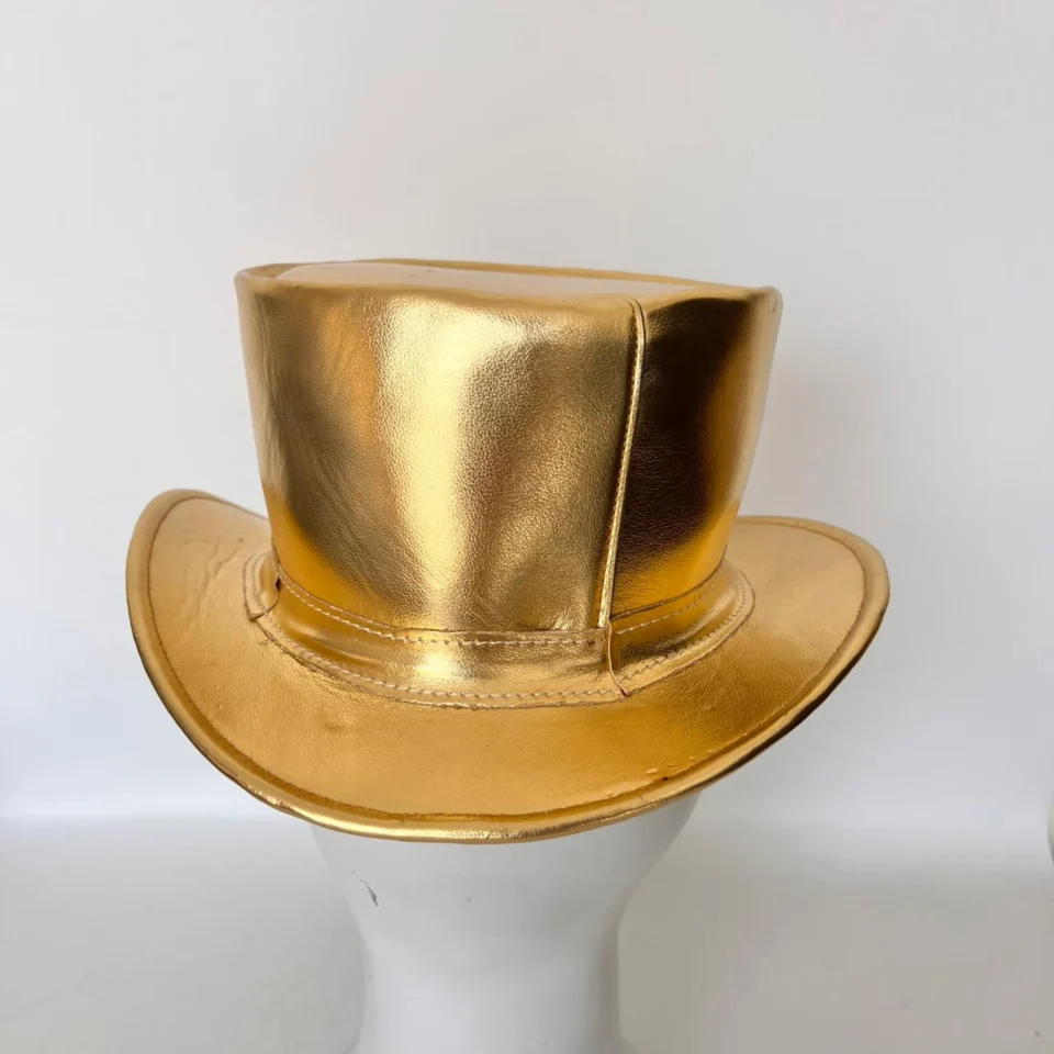 Black Handmade Leather Gothic Top Hat Style 094 gallery view 07 - black gothic top hat with structured crown