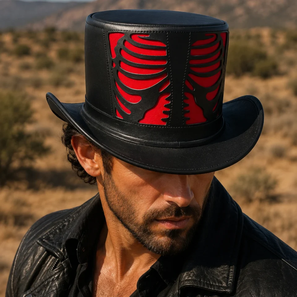 Black Handmade Leather Gothic Top Hat Style 097 front view - black gothic top hat with structured crown