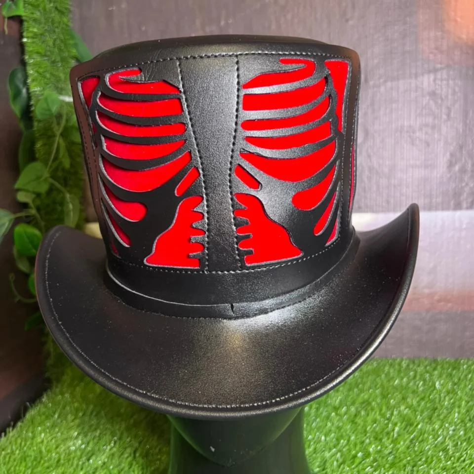 Black Handmade Leather Gothic Top Hat Style 097 gallery view 05 - black gothic top hat with structured crown