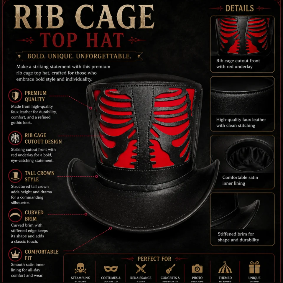 Black Handmade Leather Gothic Top Hat Style 097 three quarter view - black gothic top hat with structured crown