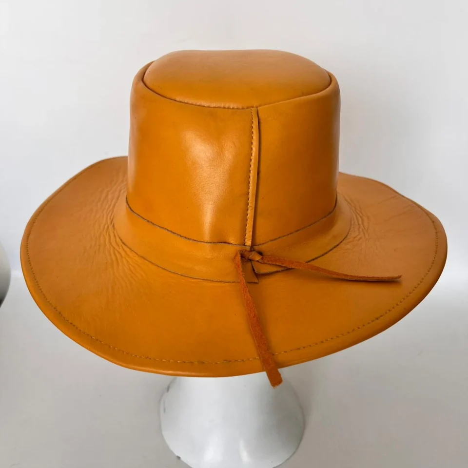 Black Handmade Leather Gothic Top Hat Style 100 side view - black gothic top hat with structured crown
