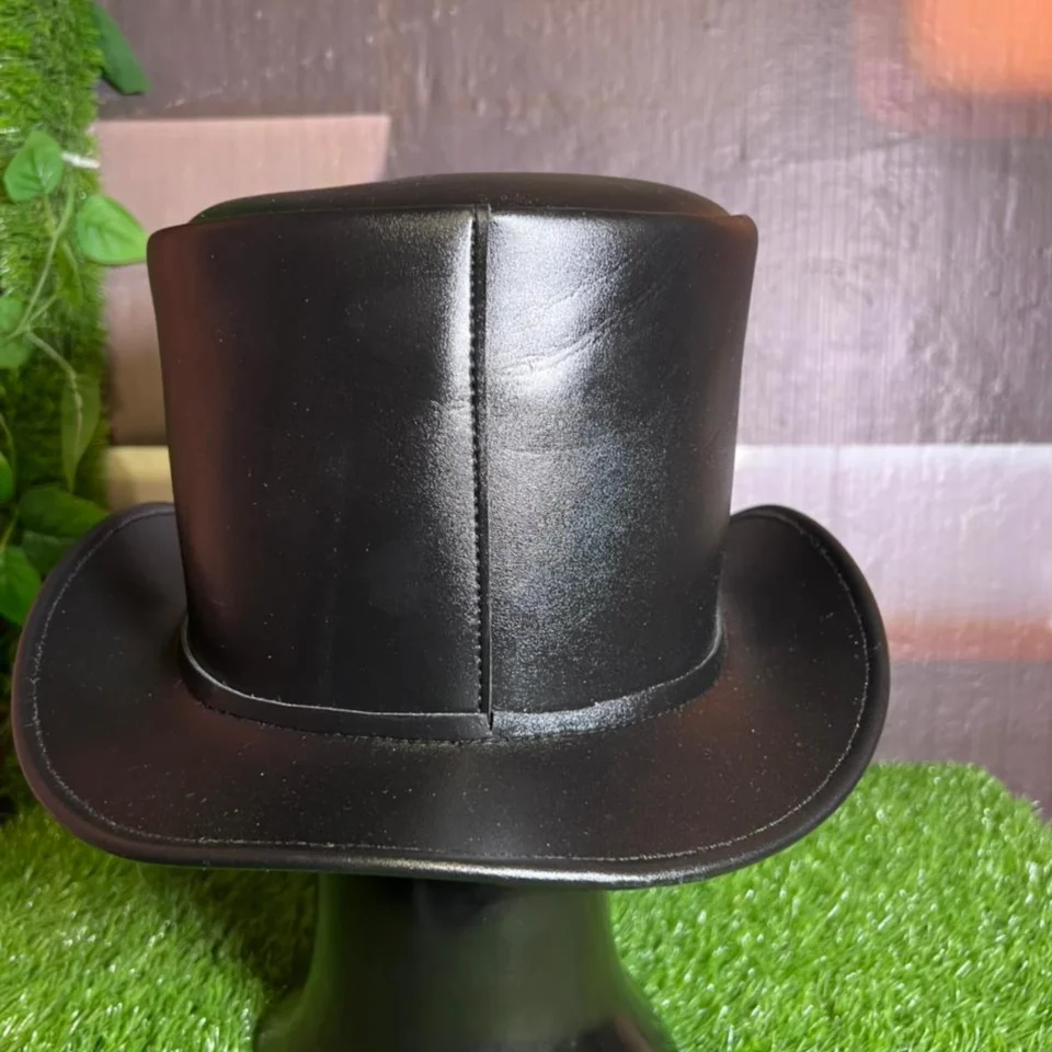 Black Handmade Leather Gothic Top Hat Style 103 back view - black gothic top hat with structured crown