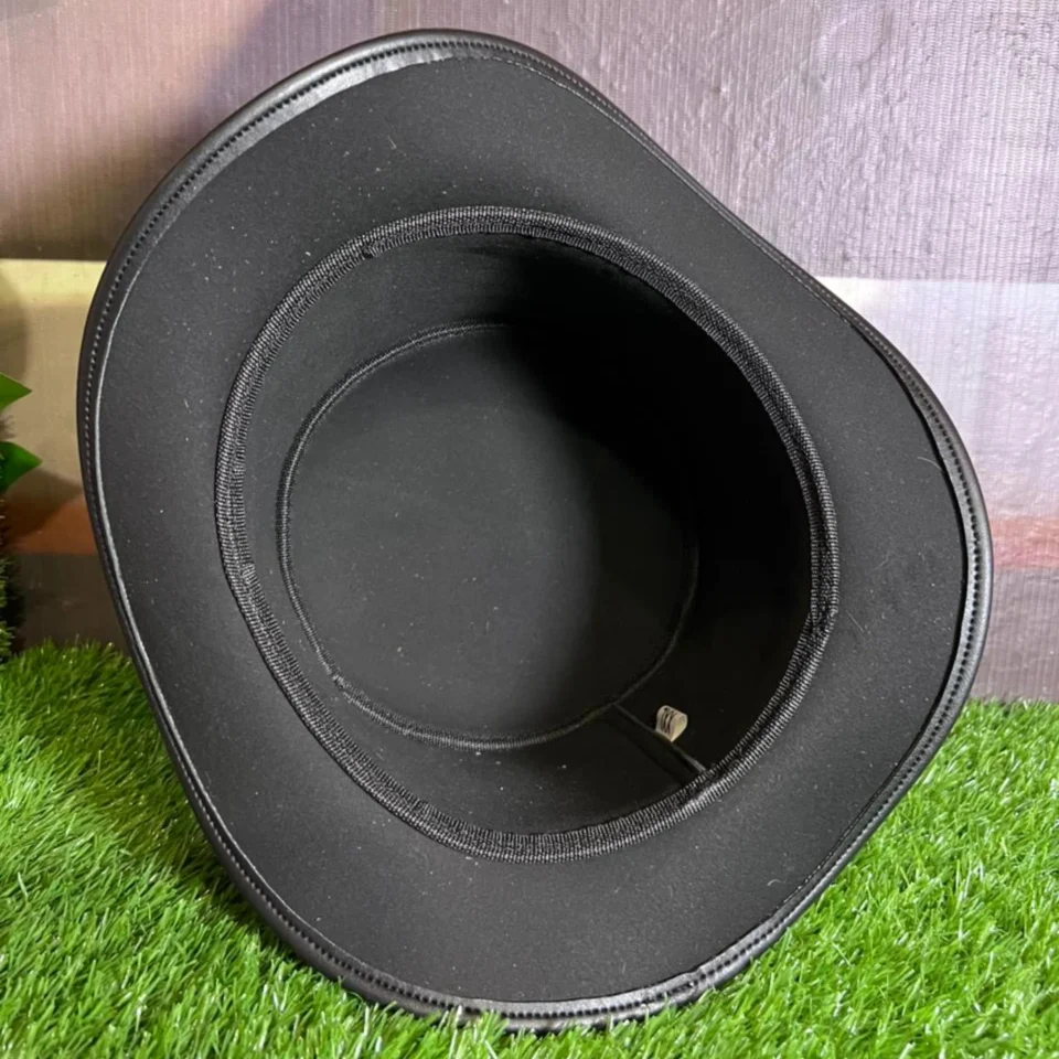 Black Handmade Leather Gothic Top Hat Style 103 detail view - black gothic top hat with structured crown