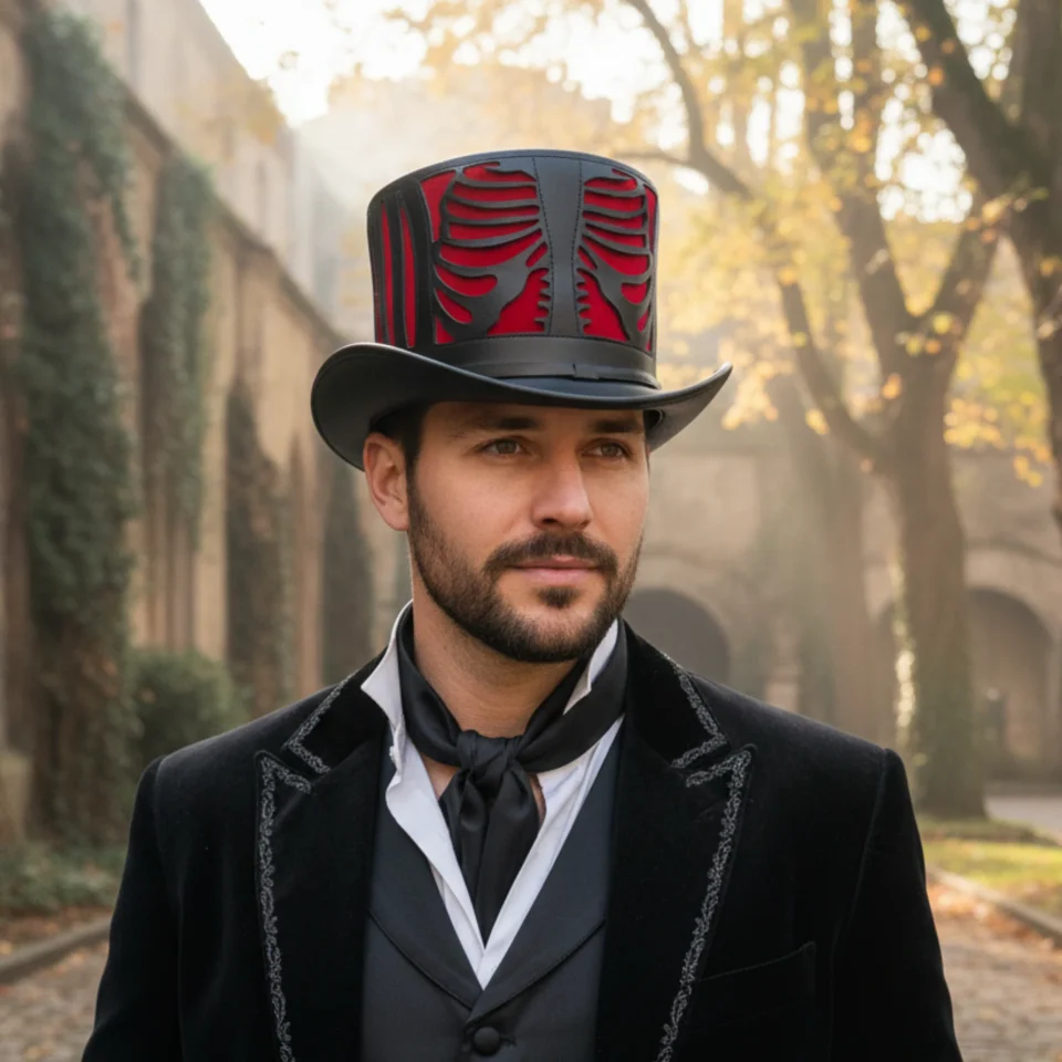 Black Handmade Leather Gothic Top Hat Style 103 front view - black gothic top hat with structured crown