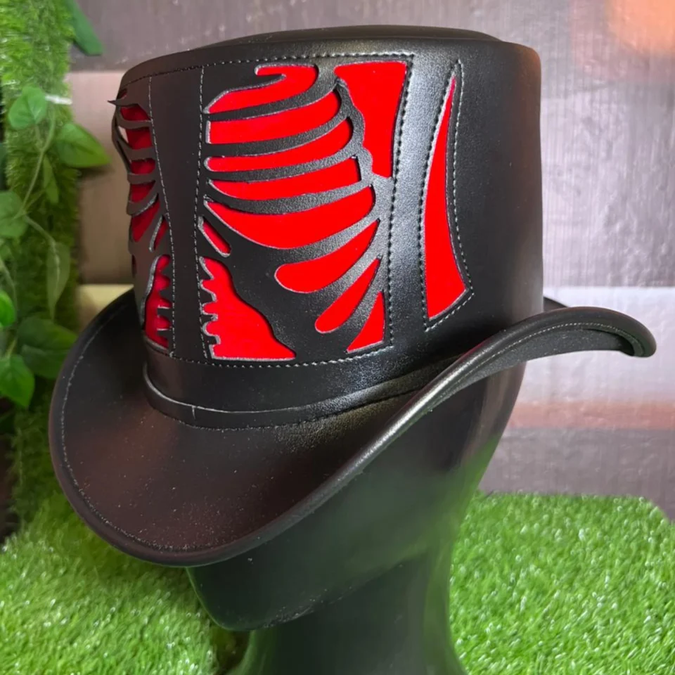 Black Handmade Leather Gothic Top Hat Style 103 side view - black gothic top hat with structured crown