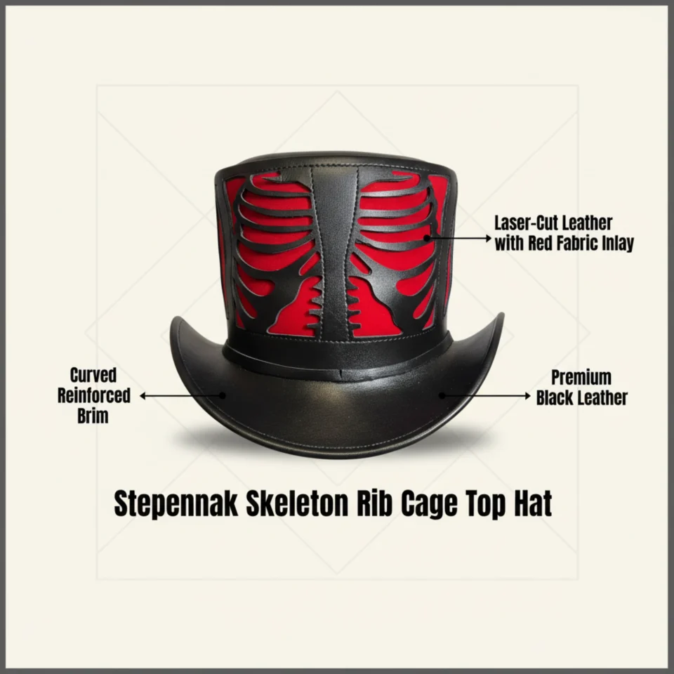Black Handmade Leather Gothic Top Hat Style 103 three quarter view - black gothic top hat with structured crown
