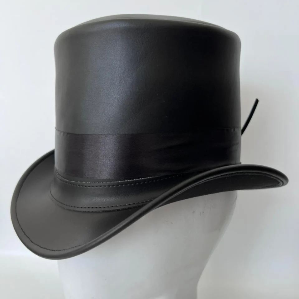 Black Handmade Leather Gothic Top Hat Style 109 back view - black gothic top hat with structured crown