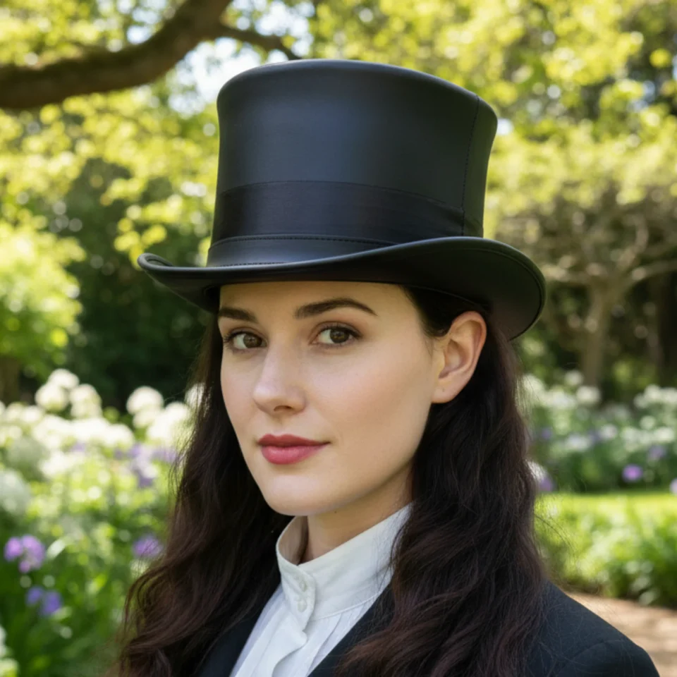 Black Handmade Leather Gothic Top Hat Style 109 front view - black gothic top hat with structured crown
