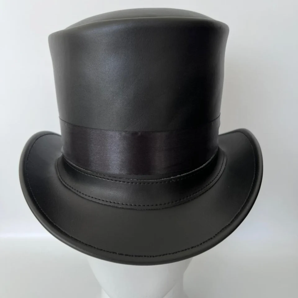 Black Handmade Leather Gothic Top Hat Style 109 gallery view 05 - black gothic top hat with structured crown
