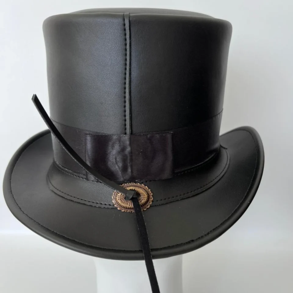 Black Handmade Leather Gothic Top Hat Style 109 side view - black gothic top hat with structured crown