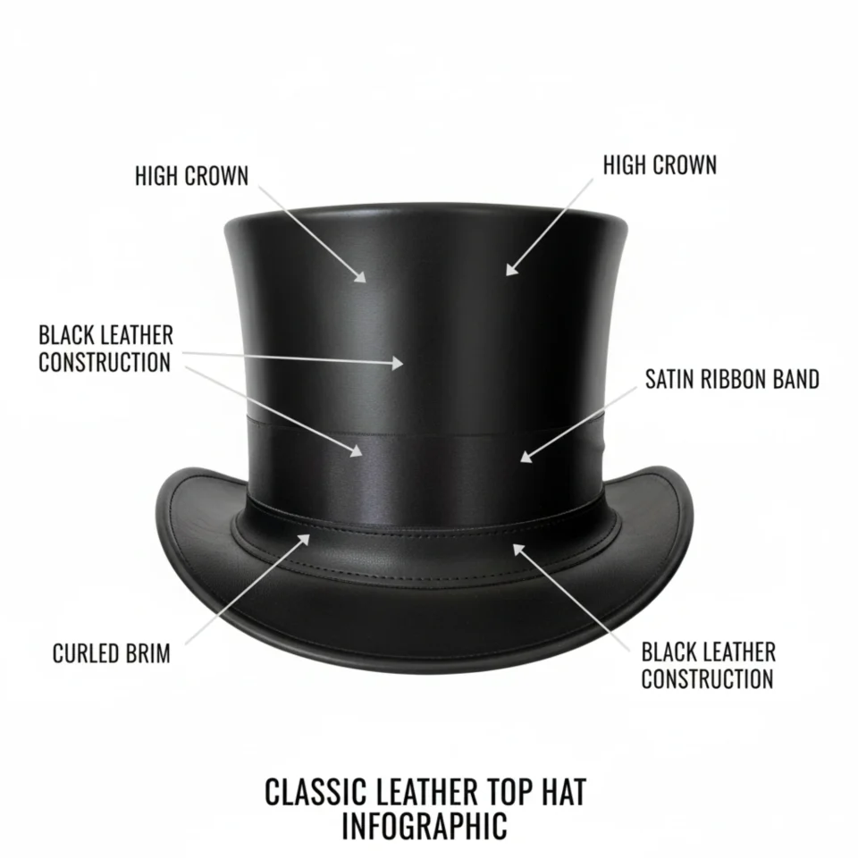Black Handmade Leather Gothic Top Hat Style 109 three quarter view - black gothic top hat with structured crown