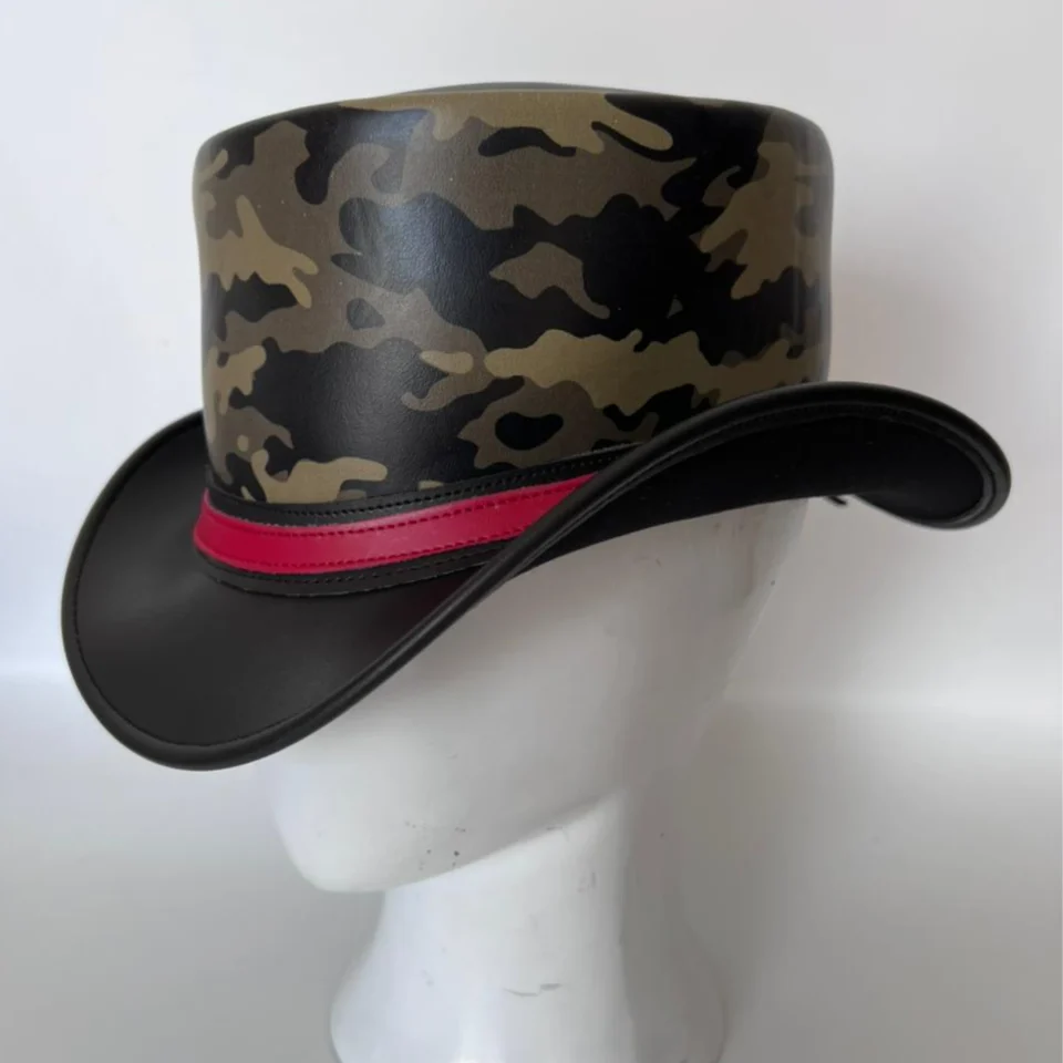 Black Handmade Leather Gothic Top Hat Style 124 back view - black gothic top hat with structured crown