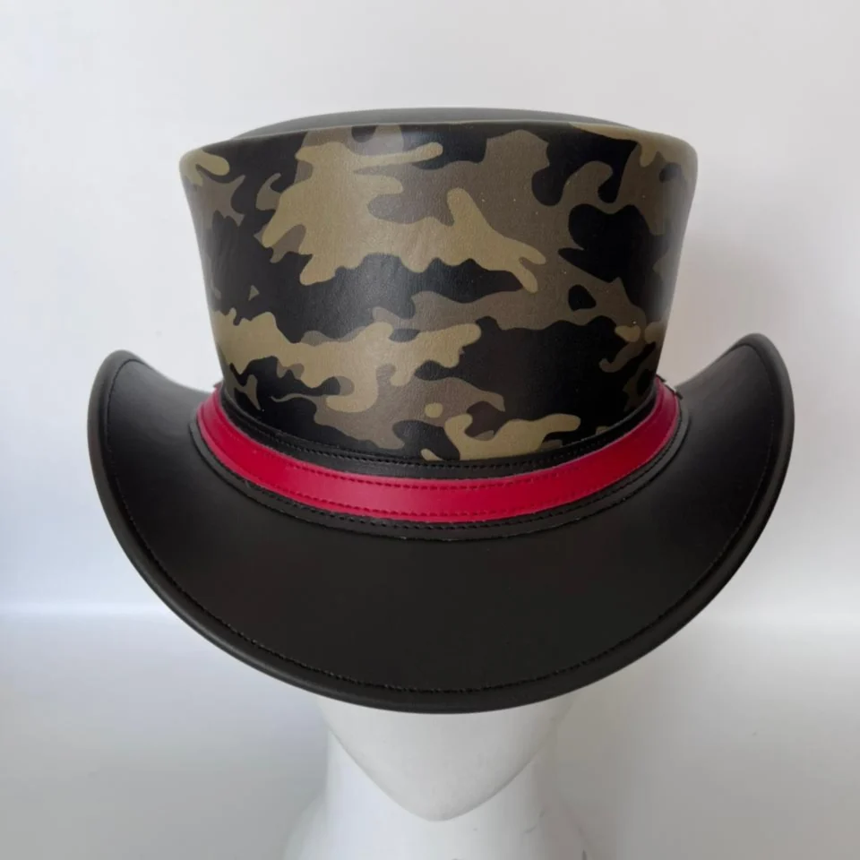Black Handmade Leather Gothic Top Hat Style 124 gallery view 05 - black gothic top hat with structured crown