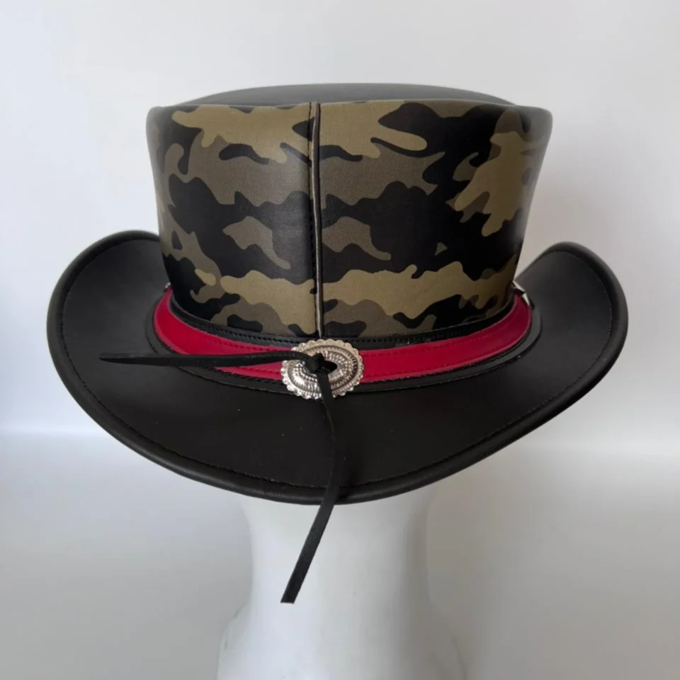 Black Handmade Leather Gothic Top Hat Style 124 gallery view 06 - black gothic top hat with structured crown
