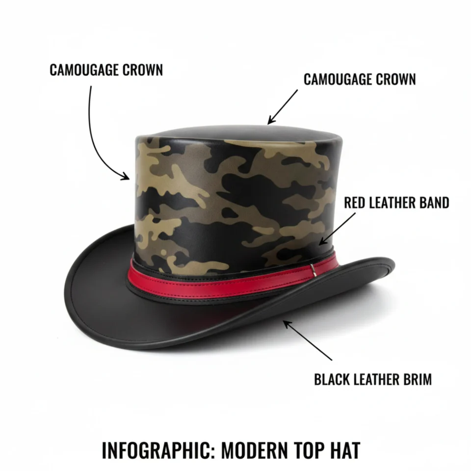 Black Handmade Leather Gothic Top Hat Style 124 three quarter view - black gothic top hat with structured crown