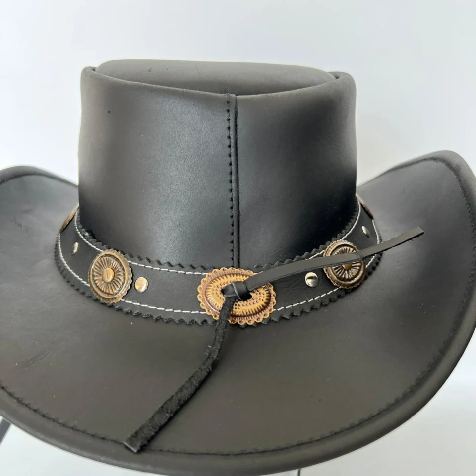 Black Handmade Leather Gothic Top Hat Style 157 back view - black gothic top hat with structured crown