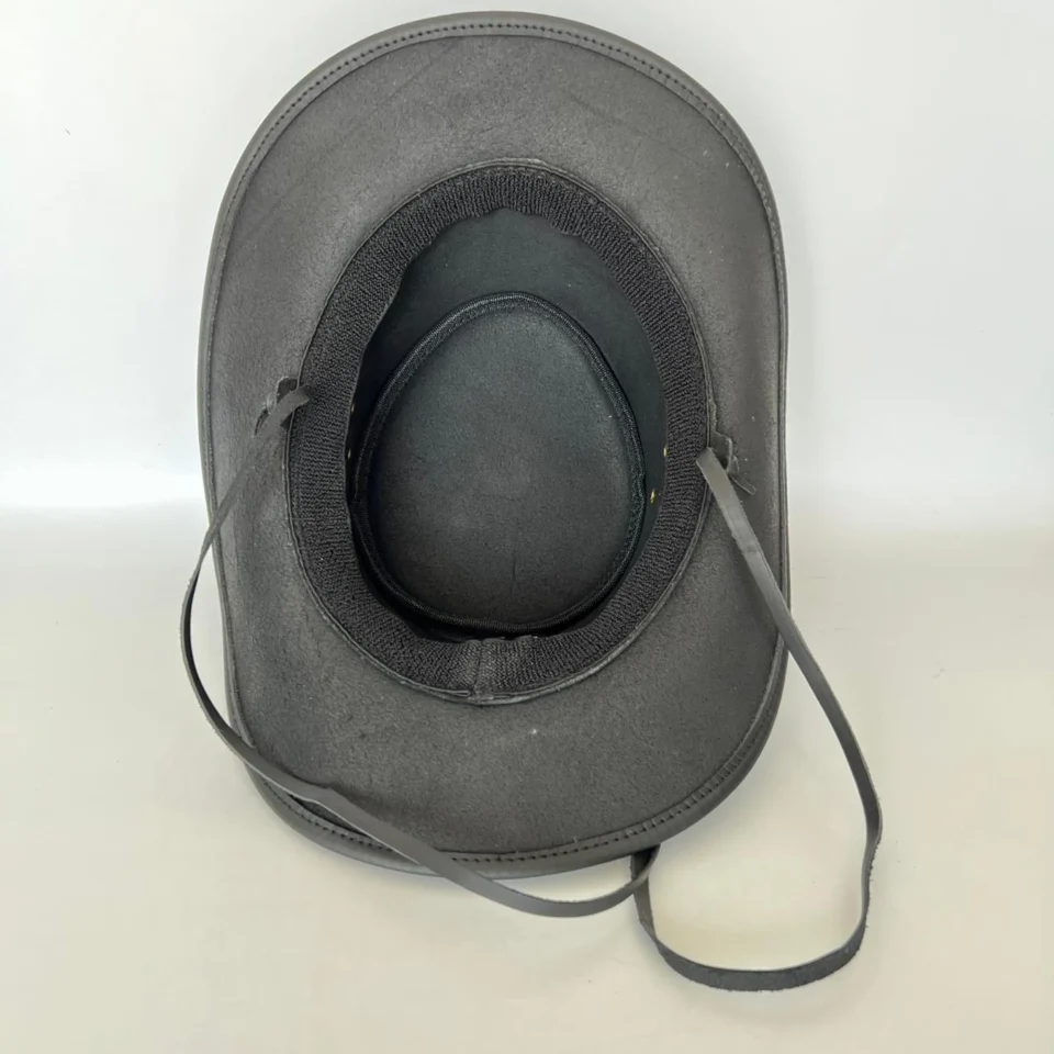 Black Handmade Leather Gothic Top Hat Style 157 detail view - black gothic top hat with structured crown