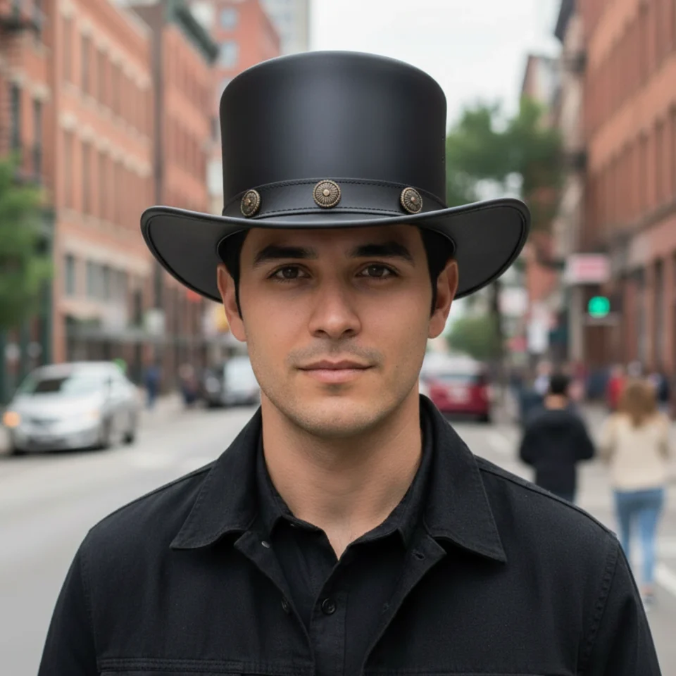 Black Handmade Leather Gothic Top Hat Style 157 front view - black gothic top hat with structured crown