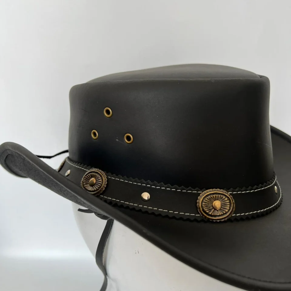 Black Handmade Leather Gothic Top Hat Style 157 gallery view 05 - black gothic top hat with structured crown