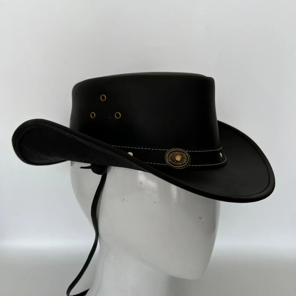 Black Handmade Leather Gothic Top Hat Style 157 gallery view 06 - black gothic top hat with structured crown