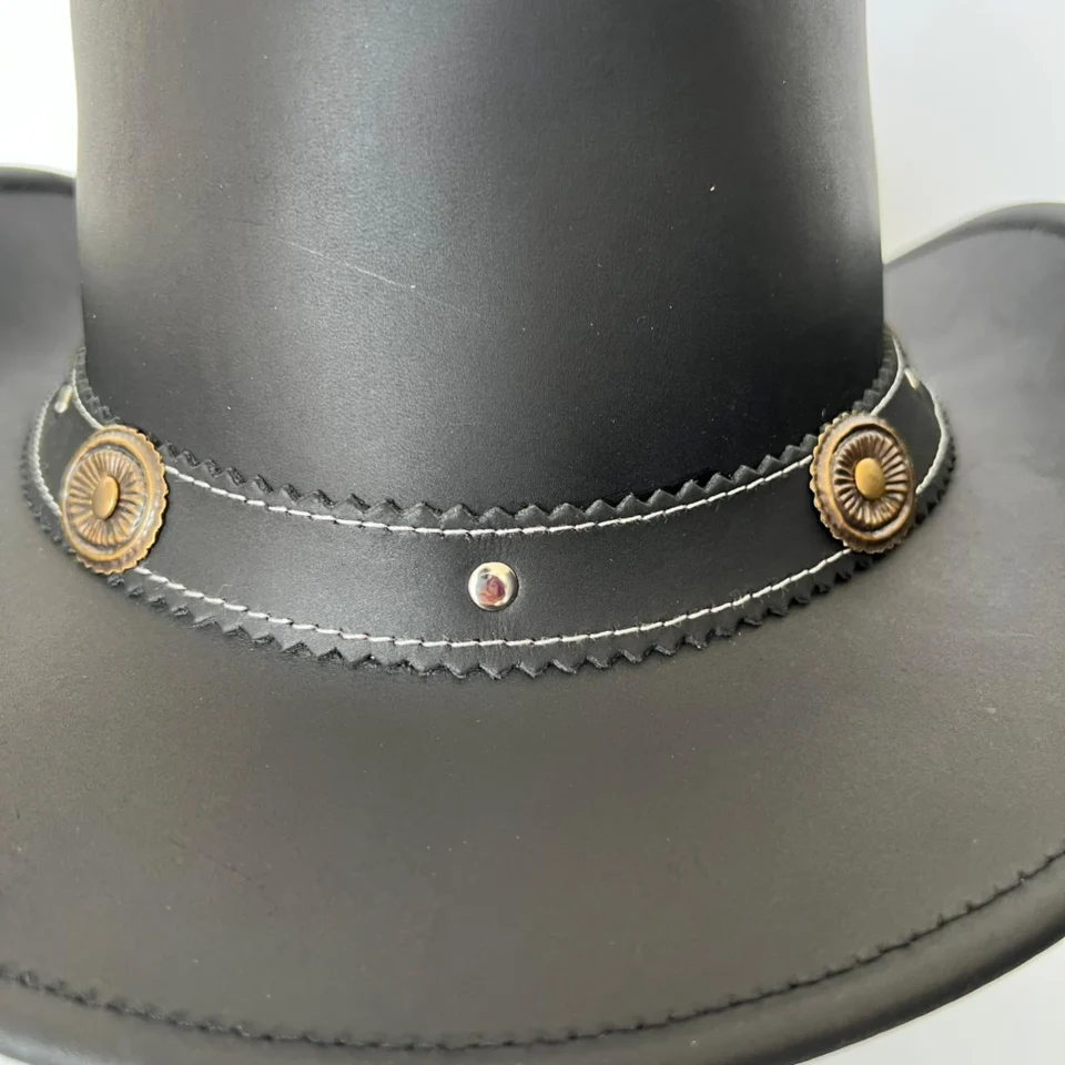 Black Handmade Leather Gothic Top Hat Style 157 gallery view 07 - black gothic top hat with structured crown