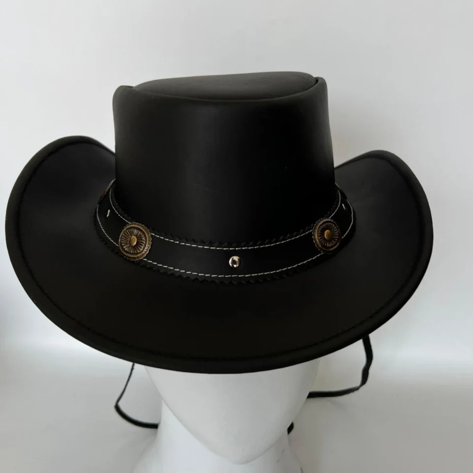 Black Handmade Leather Gothic Top Hat Style 157 gallery view 08 - black gothic top hat with structured crown