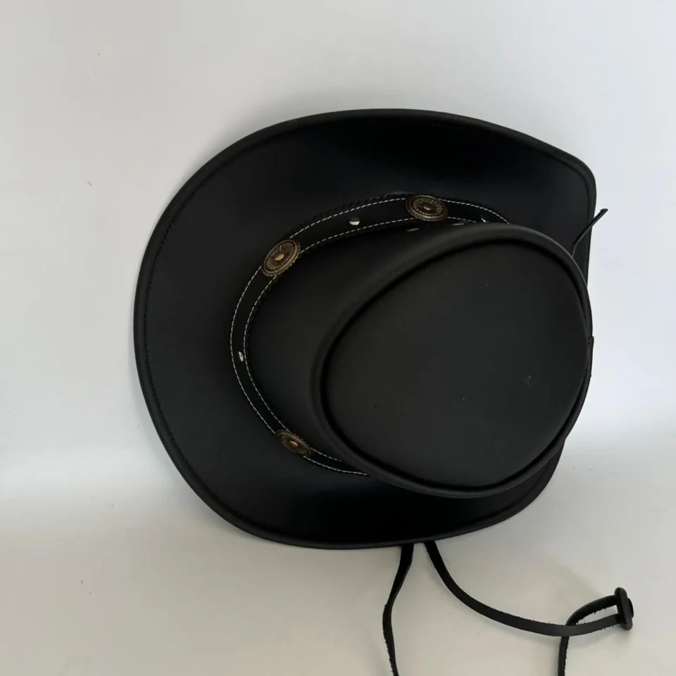 Black Handmade Leather Gothic Top Hat Style 157 gallery view 09 - black gothic top hat with structured crown