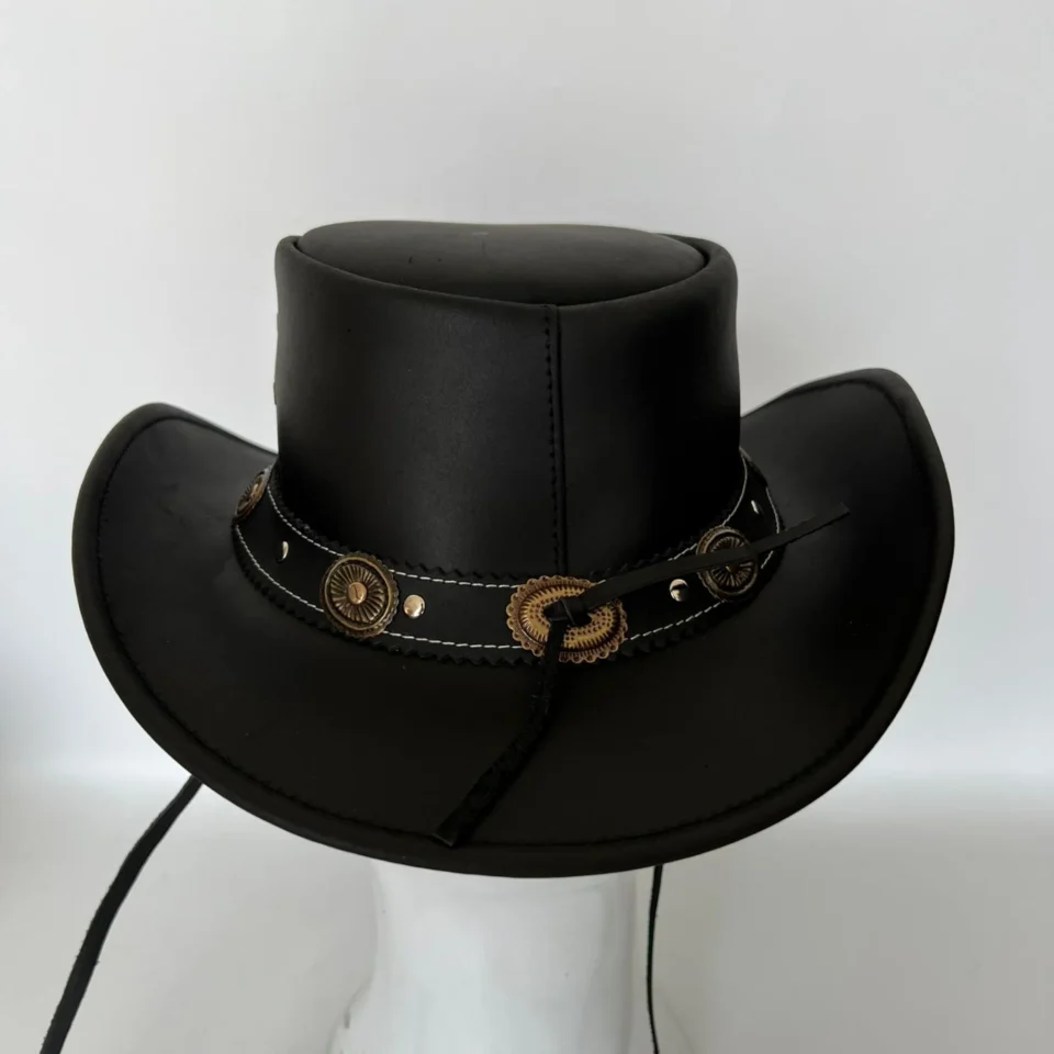 Black Handmade Leather Gothic Top Hat Style 157 side view - black gothic top hat with structured crown