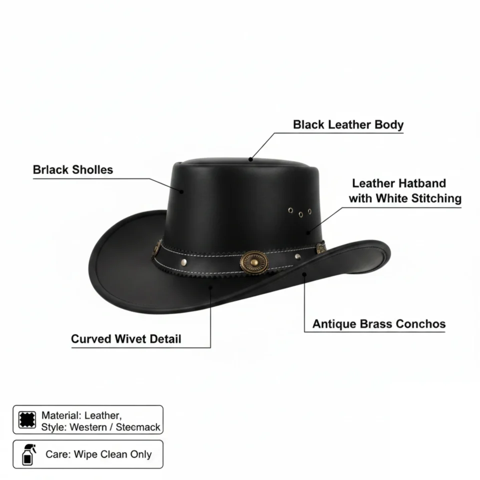 Black Handmade Leather Gothic Top Hat Style 157 three quarter view - black gothic top hat with structured crown