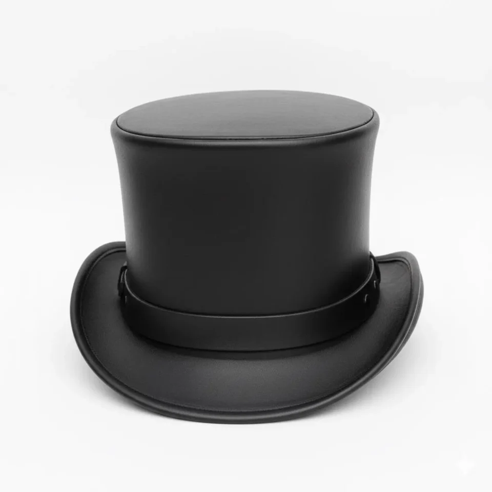 Black Handmade Leather Gothic Top Hat Style 178 back view - black gothic top hat with structured crown