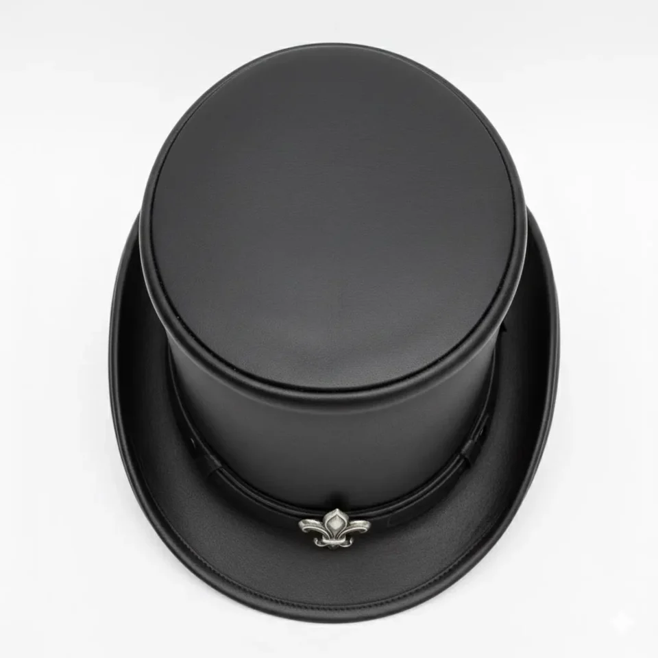 Black Handmade Leather Gothic Top Hat Style 178 detail view - black gothic top hat with structured crown
