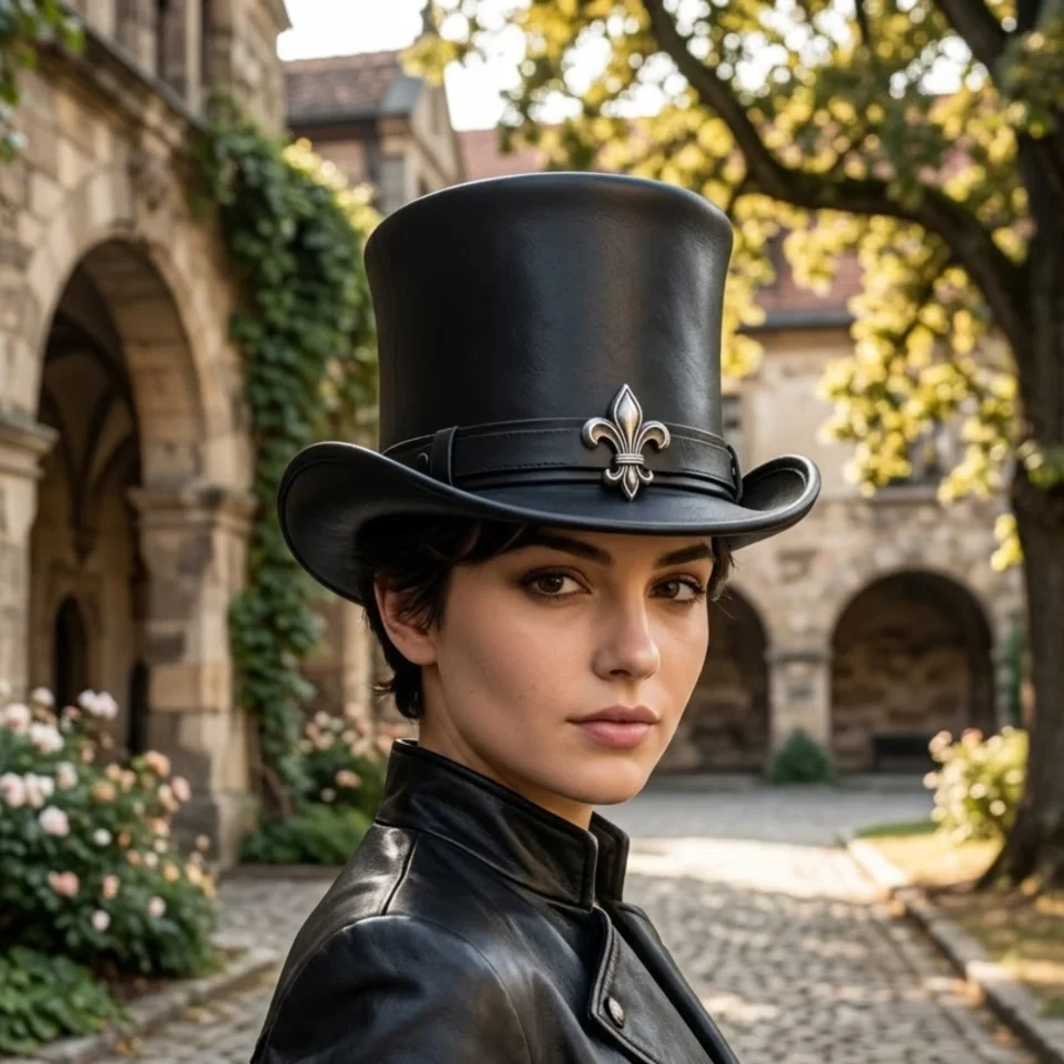 Black Handmade Leather Gothic Top Hat Style 178 front view - black gothic top hat with structured crown