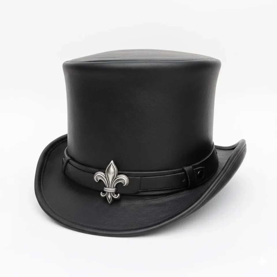 Black Handmade Leather Gothic Top Hat Style 178 gallery view 05 - black gothic top hat with structured crown