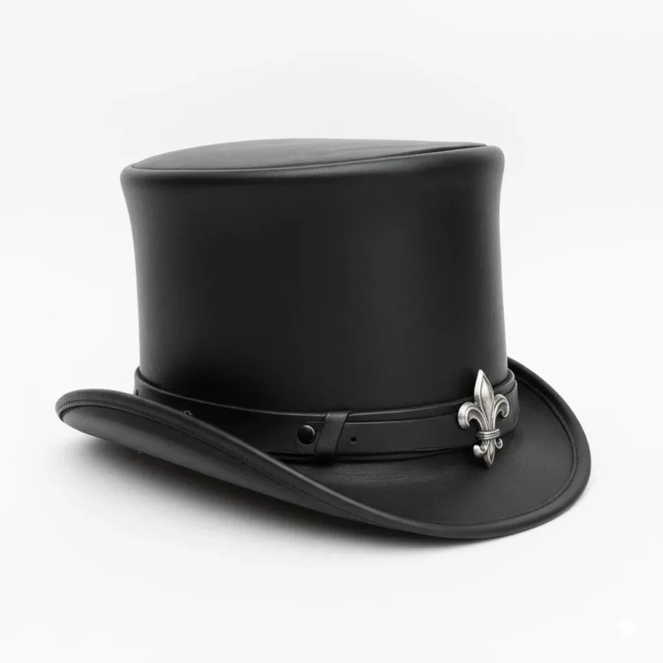 Black Handmade Leather Gothic Top Hat Style 178 gallery view 06 - black gothic top hat with structured crown