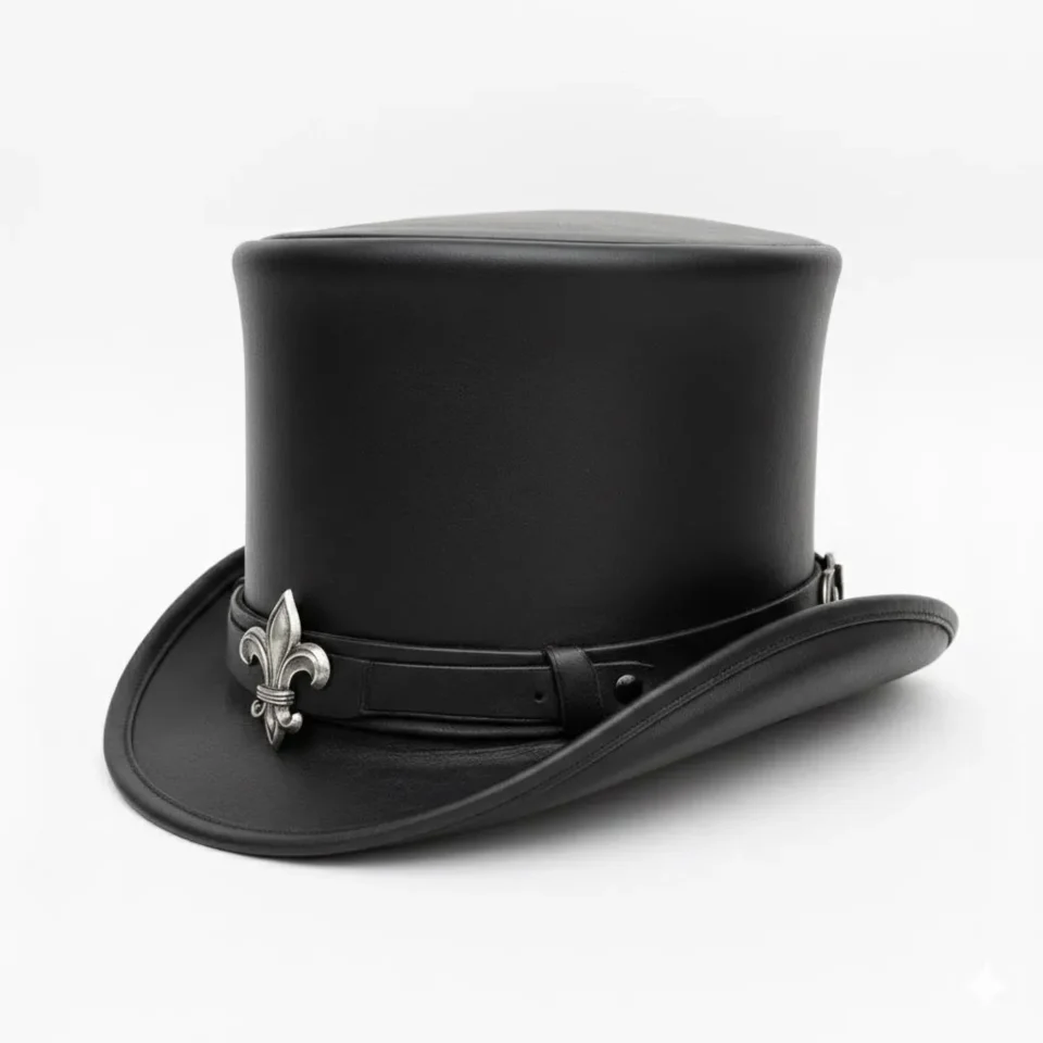 Black Handmade Leather Gothic Top Hat Style 178 side view - black gothic top hat with structured crown