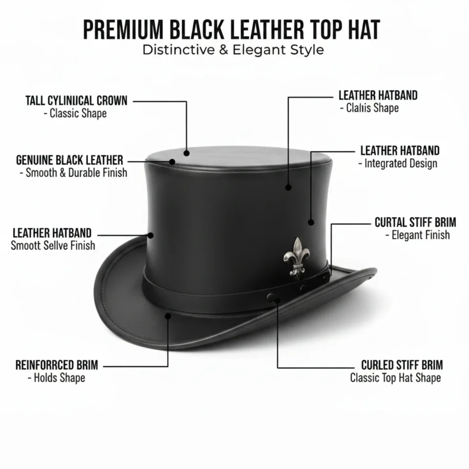 Black Handmade Leather Gothic Top Hat Style 178 three quarter view - black gothic top hat with structured crown
