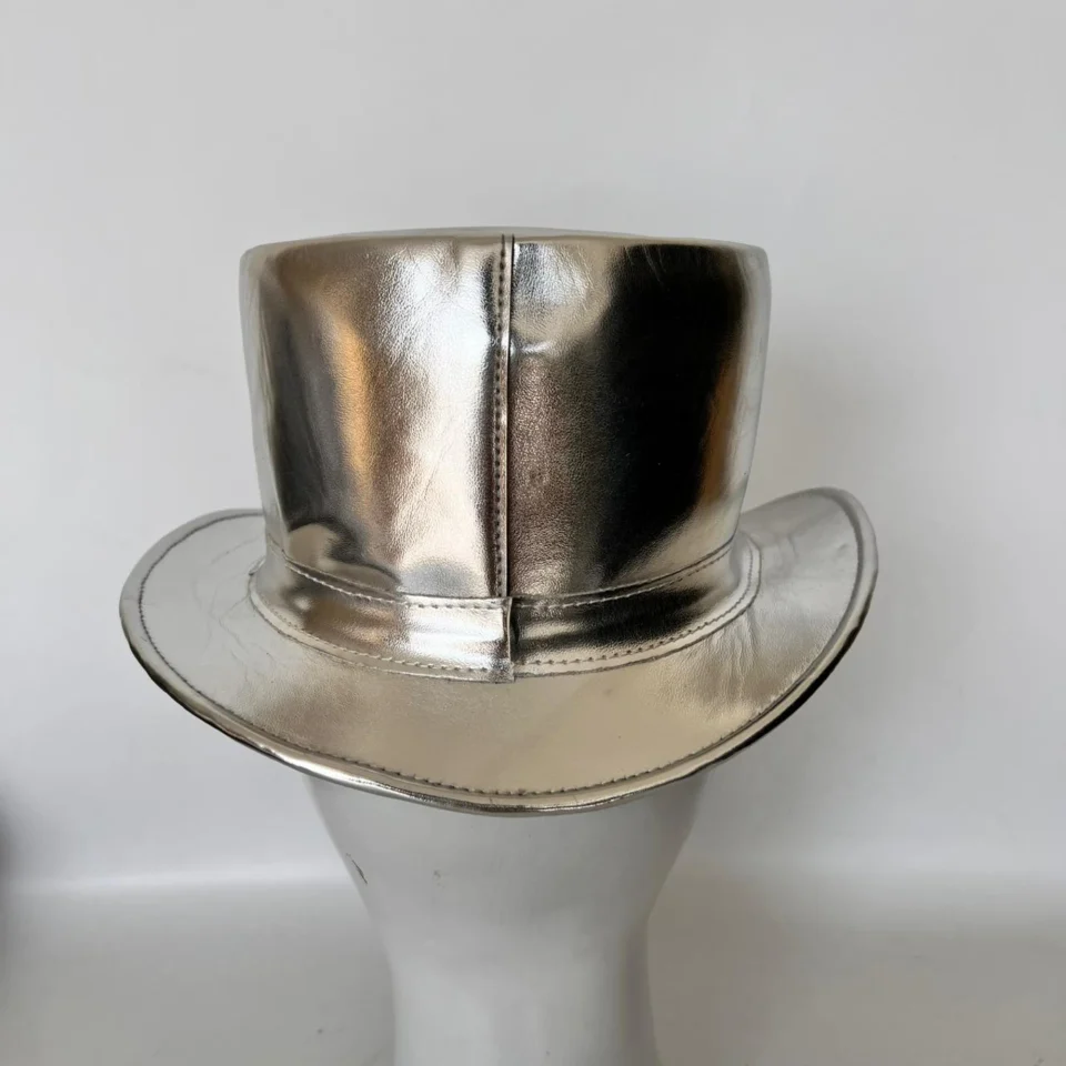 Black Handmade Leather Gothic Top Hat Style 193 back view - black gothic top hat with structured crown